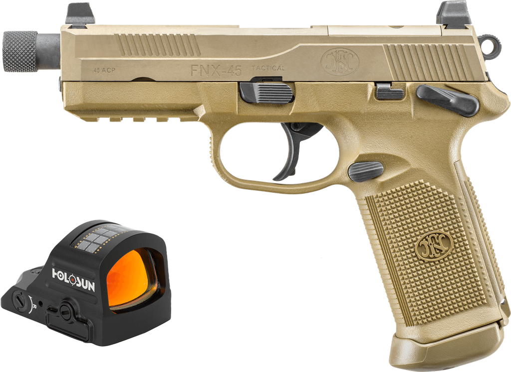 FN 66102270 FNX W/OPTIC 45 ACP 15+1 5.30" BLACK STEEL THREADED BARREL, FLAT DARK EARTH OPTIC READY/SERRATED STAINLESS STEEL SLIDE & POLYMER FRAME W/PICATINNY RAIL, HOLOSUN 407C RED DOT, AMBIDEXTROUS 1
