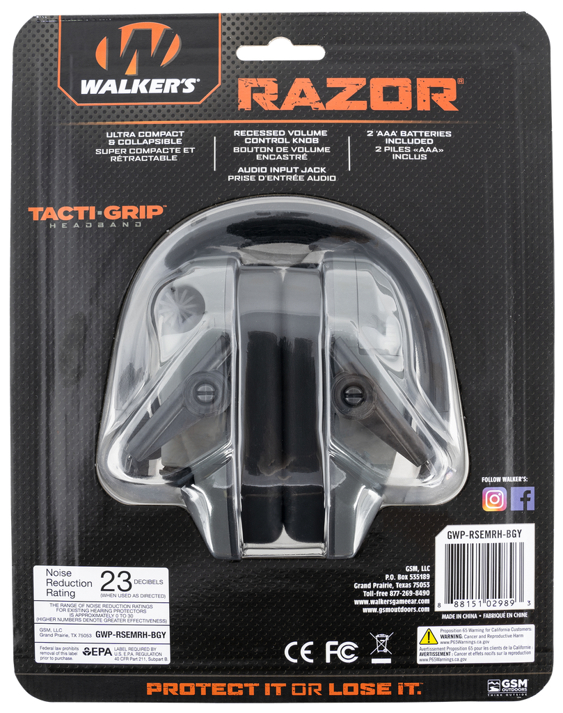 WALKER'S GWPRSEMRHBGY RAZOR TACTI-GRIP 23 DB OVER THE HEAD BATTLESHIP GRAY/BLACK POLYMER 1