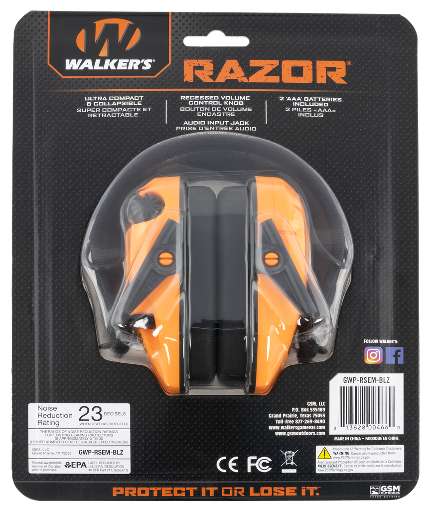 WALKER'S GWPRSEMBLZ RAZOR SLIM ELECTRONIC MUFF 23 DB OVER THE HEAD BLAZE ORANGE/BLACK POLYMER 1