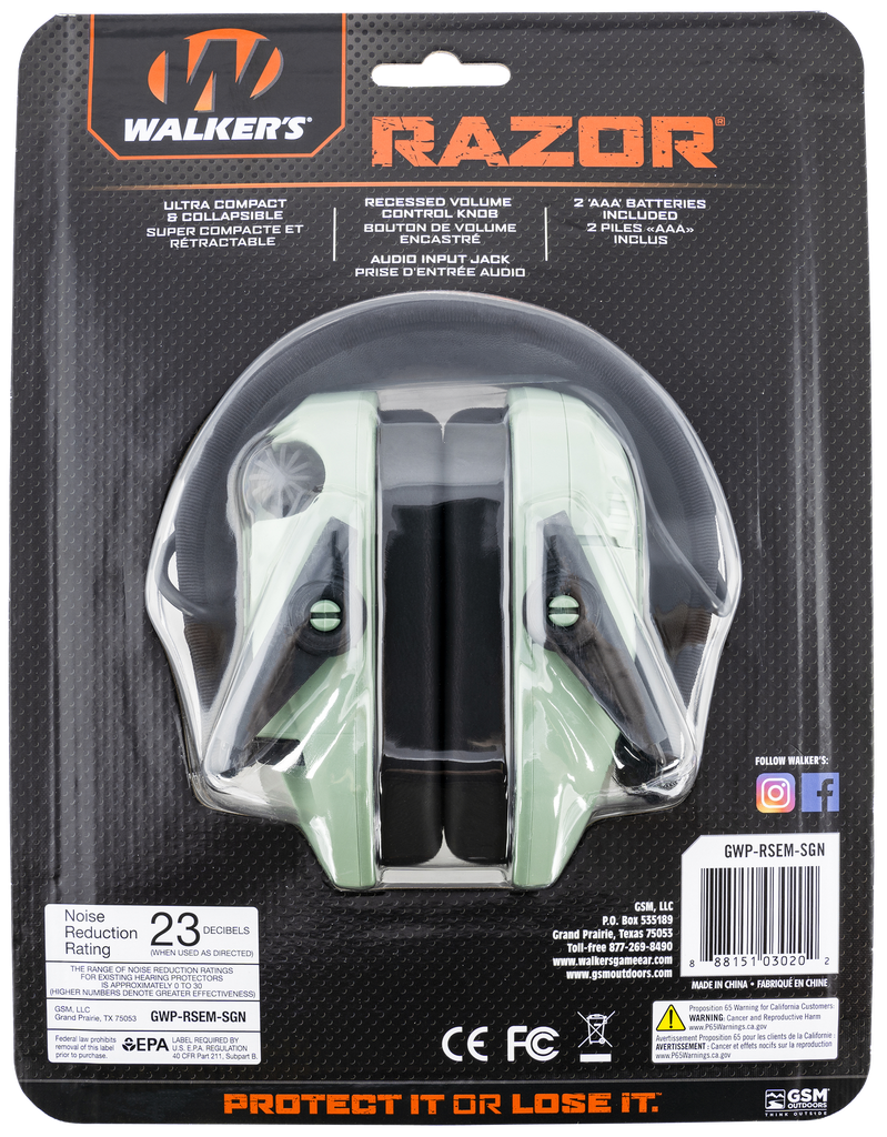 WALKER'S GWPRSEMSGN RAZOR SLIM ELECTRONIC MUFF 23 DB OVER THE HEAD SAGE GREEN/BLACK POLYMER 1