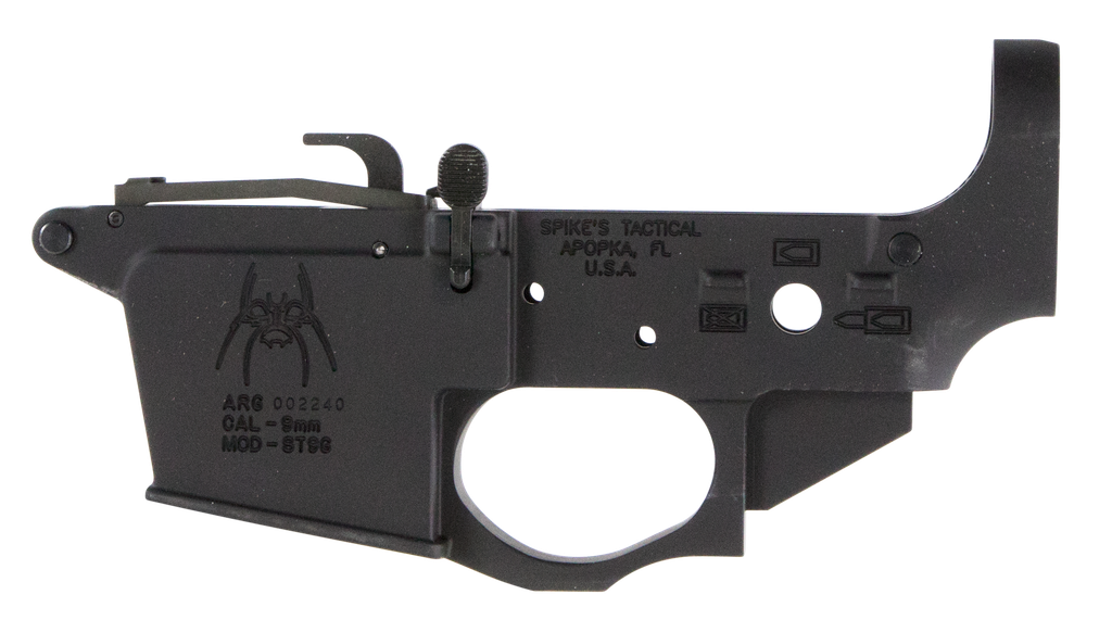 SPIKES TACTICAL STLS920 SPIDER STRIPPED LOWER RECEIVER 9MM LUGER 7075-T6 ALUMINUM BLACK ANODIZED FOR AR-15, COMPATIBLE W/GLOCK MAGS 1