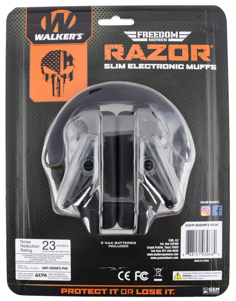 WALKER'S WPRSEMFSPUN RAZOR SLIM ELECTRONIC FREEDOM MUFF 23 DB OVER THE HEAD BLACK W/DISTRESSED PUNISHER FLAG POLYMER 1