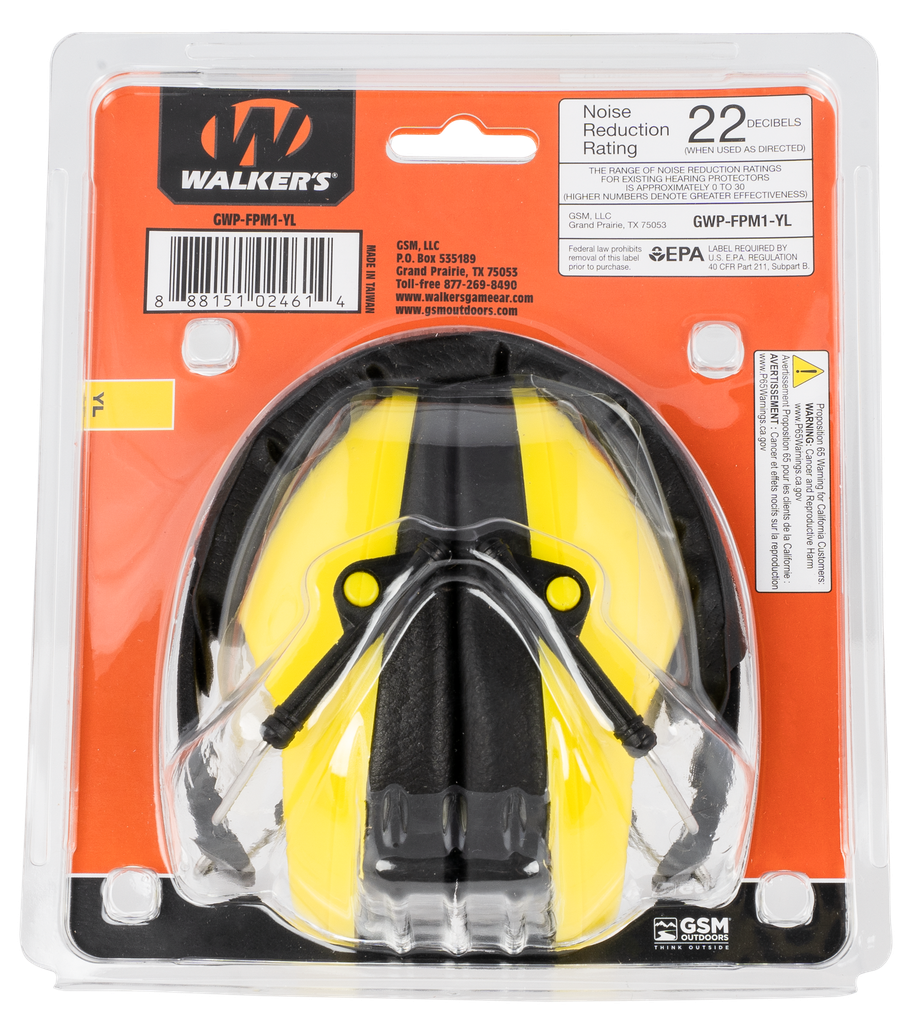WALKER'S GWPFPM1YL PRO LOW PROFILE PASSIVE MUFF 22 DB OVER THE HEAD BLACK/YELLOW POLYMER 2