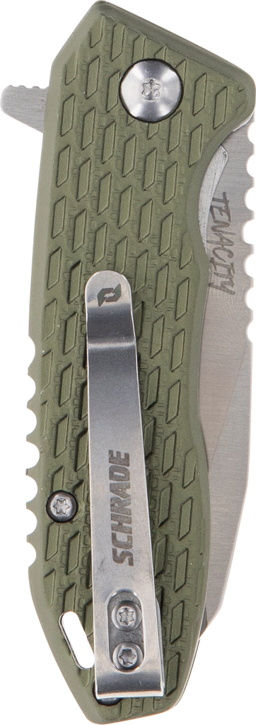 SCHRADE 1159317 TENACITY  FOLDING MODIFIED DROP POINT PART SERRATED SATIN AUS-10A SS BLADE, GREEN ALUMINUM HANDLE 2