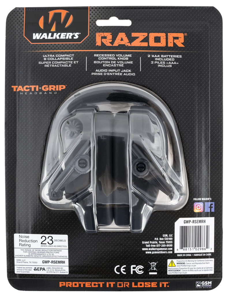 WALKER'S GWPRSEMRH RAZR RAZOR TACTI-GRIP 23 DB OVER THE HEAD BLACK POLYMER 1