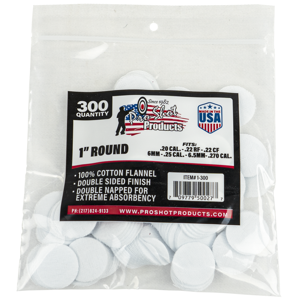 PRO-SHOT PRODUCTS PRO SHOT CLEANING PATCH COTTON FLANNEL .22-.270 1" 300CT 1