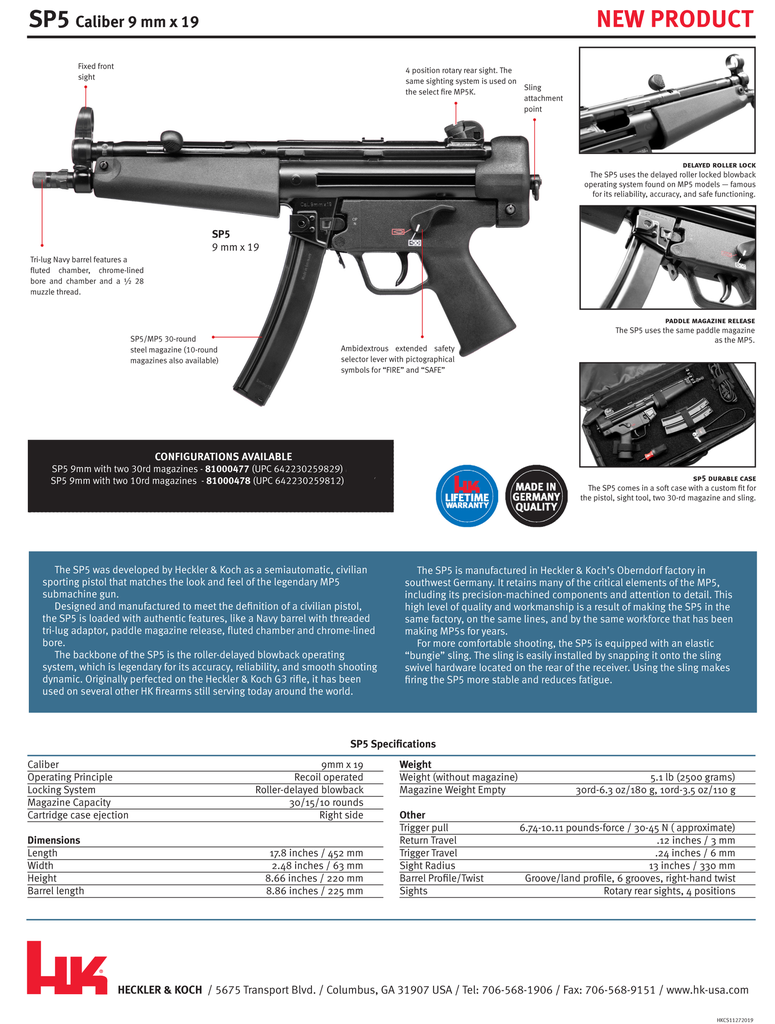 HECKLER AND KOCH (HK USA) SP5 PISTOL 9MM BLK 8.86" 30+1 2