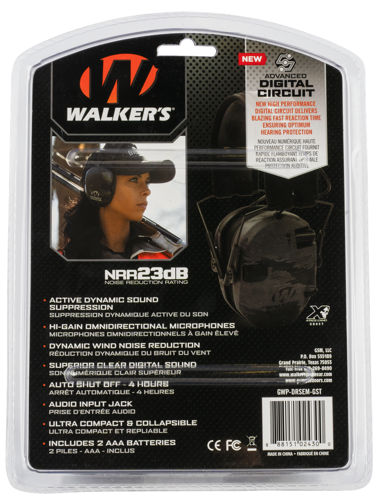 WALKER'S GWPDRSEMGST RAZOR PRO DIGITAL ELECTRONIC MUFF 23 DB OVER THE HEAD GHOST CAMO/BLACK POLYMER 1