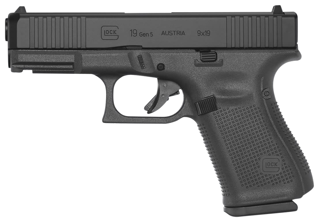 GLOCK PA195S203 G19 GEN5 COMPACT 9MM LUGER 15+1 4.02" BLACK GMB BARREL, BLACK NDLC SERRATED SLIDE, BLACK POLYMER FRAME W/PICATINNY RAIL, BLACK TEXTURED W/INTERCHANGEABLE BACKSTRAP GRIP. AMBIDEXTROUS 1
