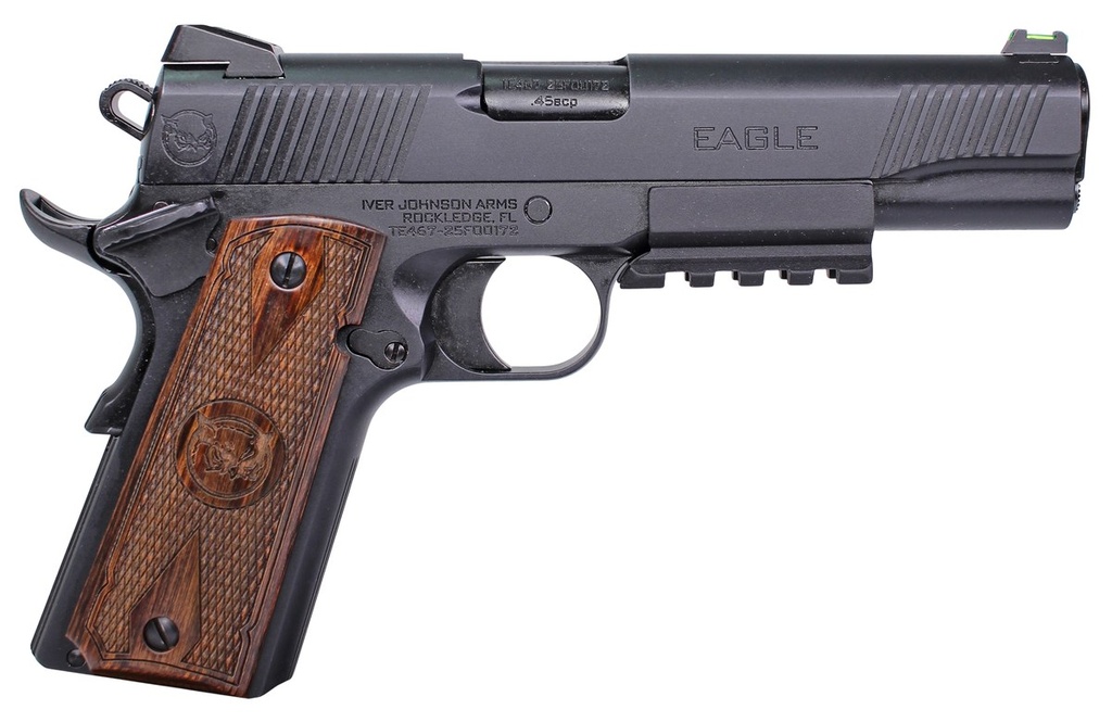 [PROD26-00111] IVER JOHNSON ARMS EAGLELRG2 EAGLE GEN2 LR GOVERNMENT 45 ACP 8+1 5" OVERALL BLACK QPQ CROWNED BARREL, STEEL SERRATED SLIDE & FRAME W/BEAVERTAIL, DYMONDWOOD ENGRAVED W/LOGO GRIP