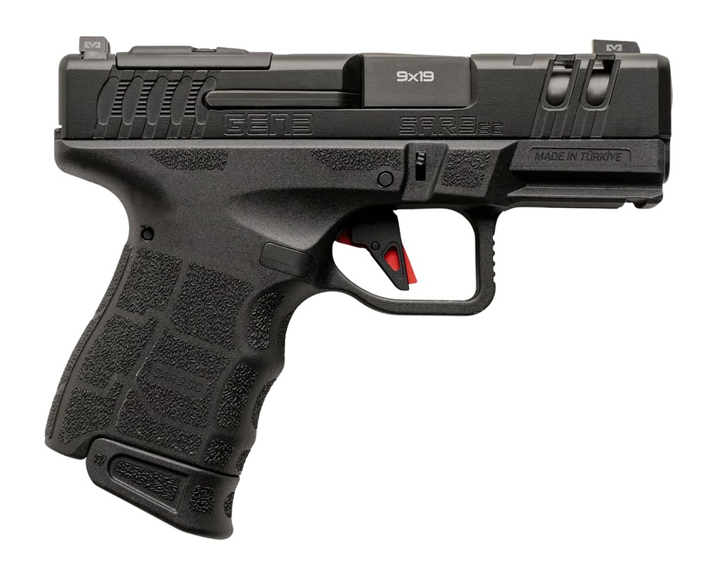 SARSILMAZ SAR9SCG3BL10 SAR9 GEN3 SUB-COMPACT 9MM LUGER 10+1 3.30" BLACK BARREL, BLACK STEEL OPTIC CUT/SERRATED SLIDE, BLACK POLYMER FRAME W/PICATINNY RAIL, TEXTURED GRIP, RMSC FOOTPRINT