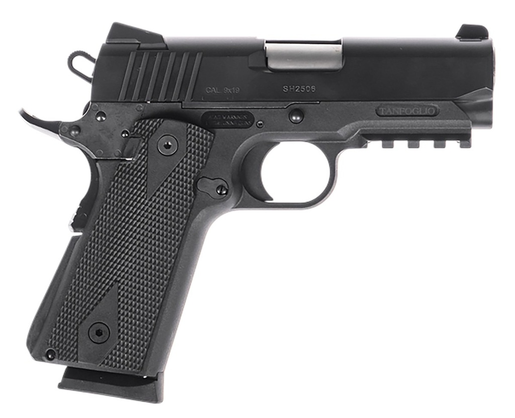 [PROD26-00134] TANFOGLIO TFPUGIO9 PUGIO  COMPACT 9MM LUGER 10+1 3.54" STAINLESS BULL BARREL, BLACK STEEL SERRATED SLIDE, BLACK POLYMER FRAME W/BEAVERTAIL & PICATINNY RAIL, TEXTURED GRIP