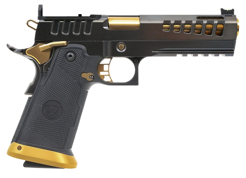 [PROD26-00141] WATCHTOWER FIREARMS DEMOLITIA9MM5ELITE DEMOLITIA  FULL SIZE FRAME 9MM LUGER 20+1 5" GOLD PLATED PVD PORTED BARREL, GRAPHITE PVD OPTIC CUT/SERRATED STEEL SLIDE, GRAPHITE PVD FRAME, BLACK TEXTURED GRIP