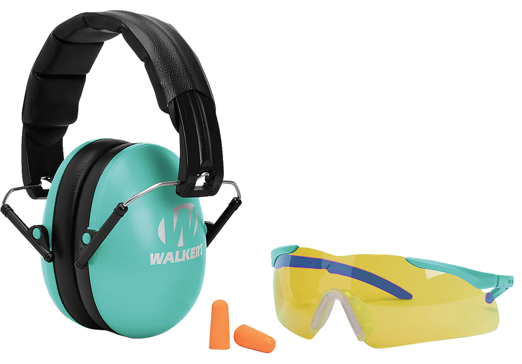 [18089] WALKER'S GWPYWFM2GFPLTL FOLDING MUFF COMBO 23 DB OVER THE HEAD FOLDING MUFF, FOAM EAR PLUGS, SHOOTING GLASSES BLACK/TEAL POLYMER FITS YOUTH/WOMEN