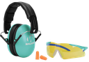 WALKER'S GWPYWFM2GFPLTL FOLDING MUFF COMBO 23 DB OVER THE HEAD FOLDING MUFF, FOAM EAR PLUGS, SHOOTING GLASSES BLACK/TEAL POLYMER FITS YOUTH/WOMEN