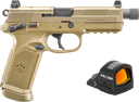 FN 66102270 FNX W/OPTIC 45 ACP 15+1 5.30" BLACK STEEL THREADED BARREL, FLAT DARK EARTH OPTIC READY/SERRATED STAINLESS STEEL SLIDE & POLYMER FRAME W/PICATINNY RAIL, HOLOSUN 407C RED DOT, AMBIDEXTROUS