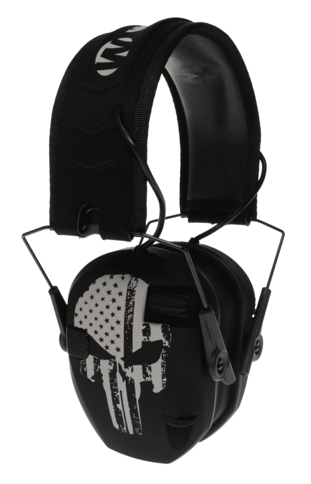 [16066] WALKER'S WPRSEMFSPUN RAZOR SLIM ELECTRONIC FREEDOM MUFF 23 DB OVER THE HEAD BLACK W/DISTRESSED PUNISHER FLAG POLYMER