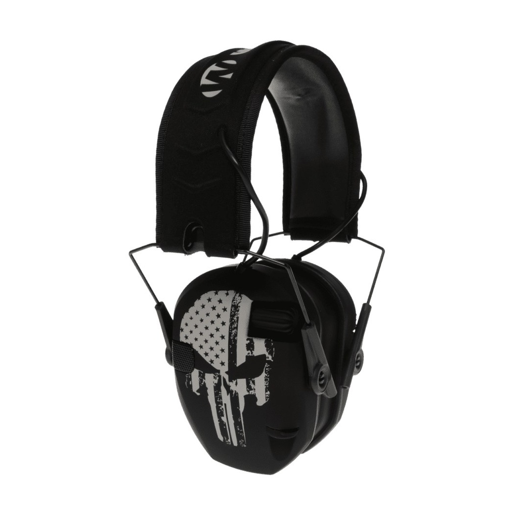 Walker's Wprsemfspun Razor Slim Electronic Freedom Muff 23 dB Over the Head Black with Distressed Punisher Flag Polymer