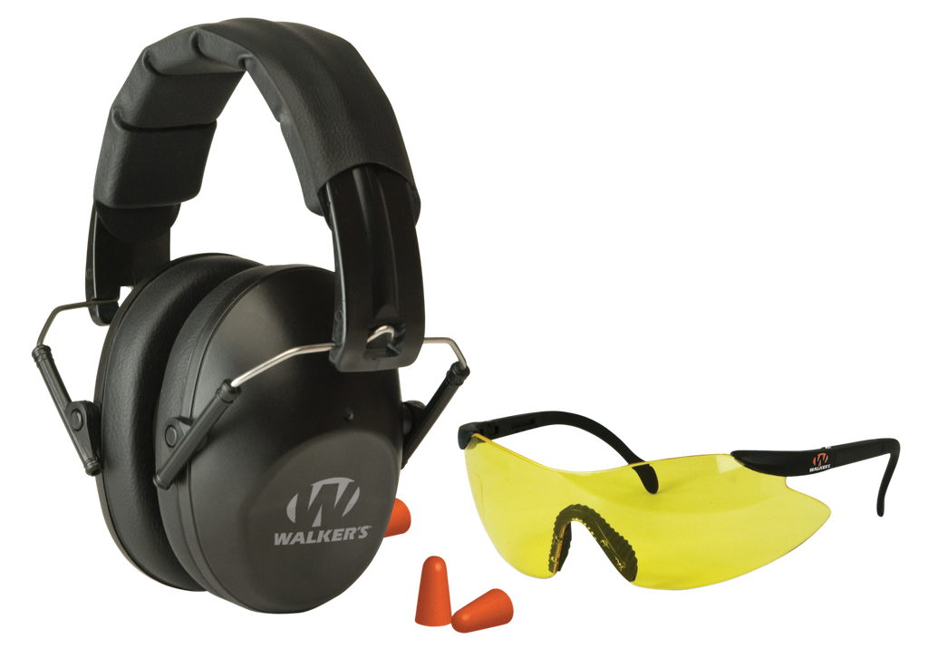[15981] WALKER'S GWPFPM1GFP PRO LOW PROFILE PASSIVE MUFF COMBO KIT INCLUDES FOAM EAR PLUGS, LOW PROFILE 31 DB OVER THE HEAD PASSIVE MUFF, SHOOTING GLASSES W/YELLOW LENS