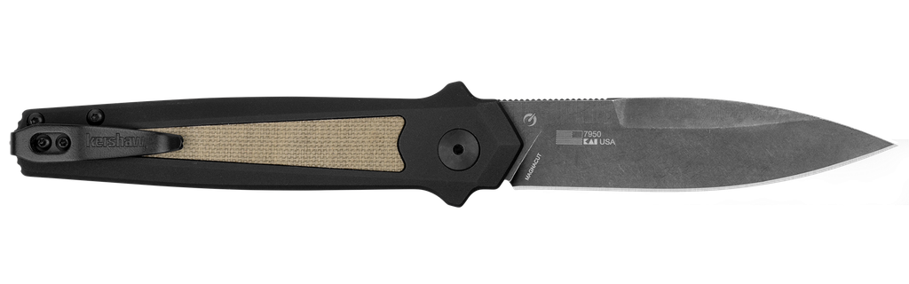 [15861] KERSHAW  LAUNCH 15 FULL SIZE 3.50" FOLDING SPEAR POINT PLAIN BLACK OXIDE BLACKWASH CPM MAGNACUT STEEL BLADE/BLACK ANODIZED W/TAN CANVAS ALUMINUM W/MICARTA INSERTS HANDLE INCLUDES POCKET CLIP