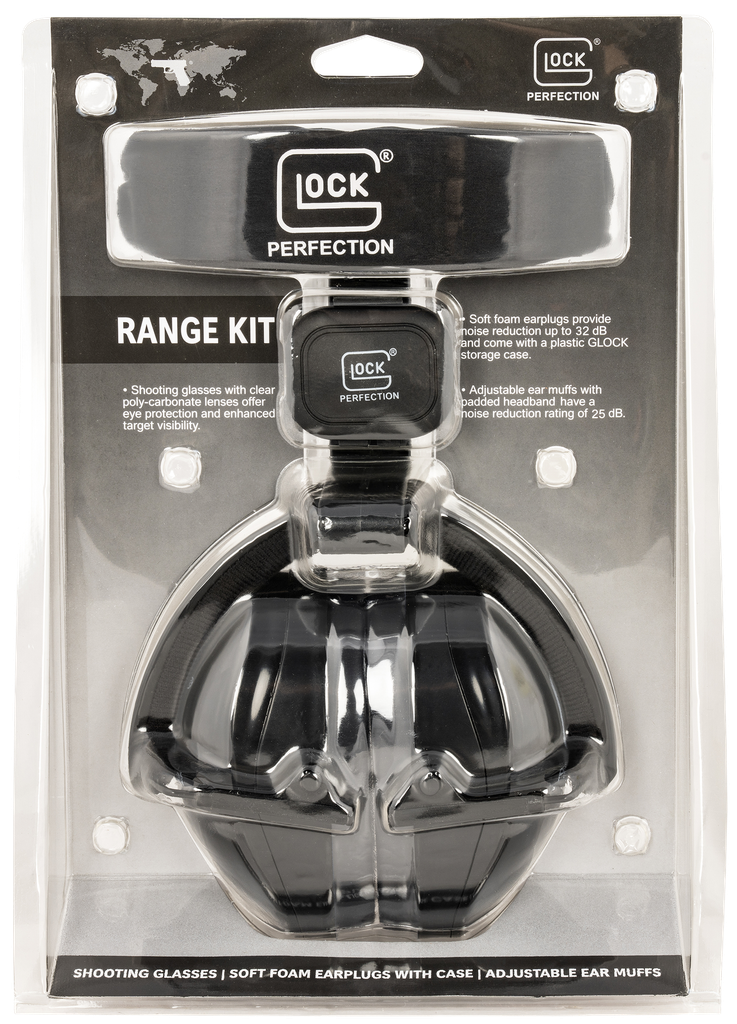 [15172] PROMOD GLOCK AP60220 RANGE KIT  25 DB PADDED HEADBAND ADJUSTABLE EAR MUFF, CLEAR POLY-CARBONATE SHOOTER/SAFETY GLASSES, 32 DB FOAM EAR PLUGS, INCLUDES CLOTH POUCH & EAR PLUG CASE
