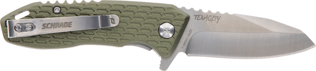[14788] SCHRADE 1159317 TENACITY  FOLDING MODIFIED DROP POINT PART SERRATED SATIN AUS-10A SS BLADE, GREEN ALUMINUM HANDLE