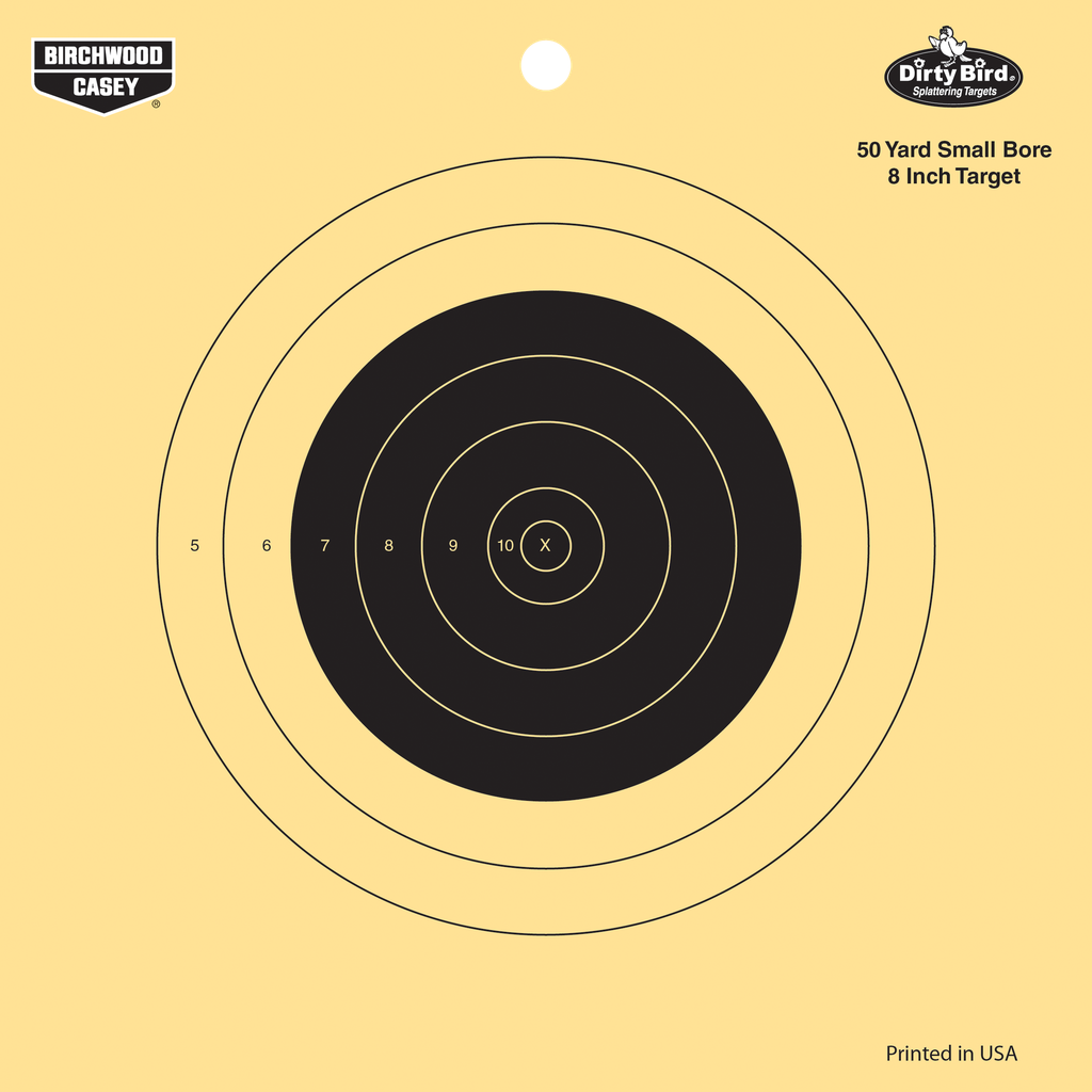 [13634] BIRCHWOOD CASEY 35815 DIRTY BIRD  8" BULLSEYE TAGBOARD HANGING 50 YDS SMALL BORE RIFLE BLACK/YELLOW 25 PER PKG
