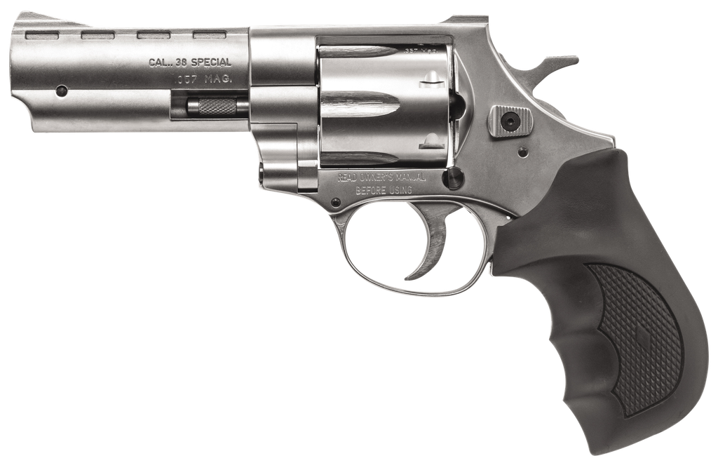 [13233] EUROPEAN AMERICAN ARMORY WEIHRAUCH GUNS 770128 WINDICATOR  MEDIUM FRAME 357 MAG 6 SHOT, 4" NICKEL STEEL BARREL, NICKEL CYLINDER, NICKEL STEEL FRAME, BLACK FINGER GROOVED RUBBER GRIP, SPURRED HAMMER