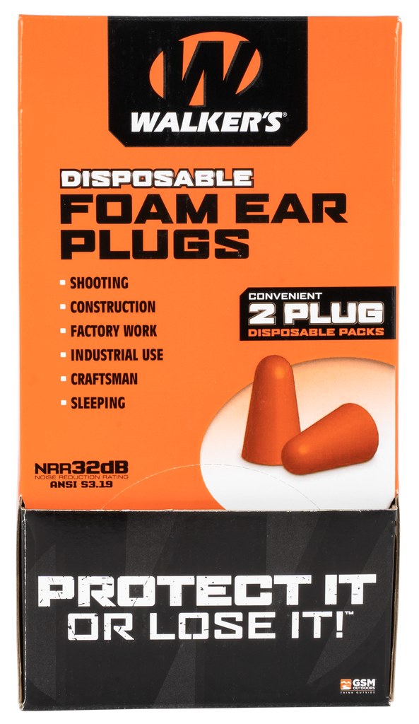 [12012] WALKER'S GWPFOAMPLUG FOAM EAR PLUGS COUNTER DISPLAY DISPOSABLE 32 DB ORANGE 100 PAIR (200 COUNT)