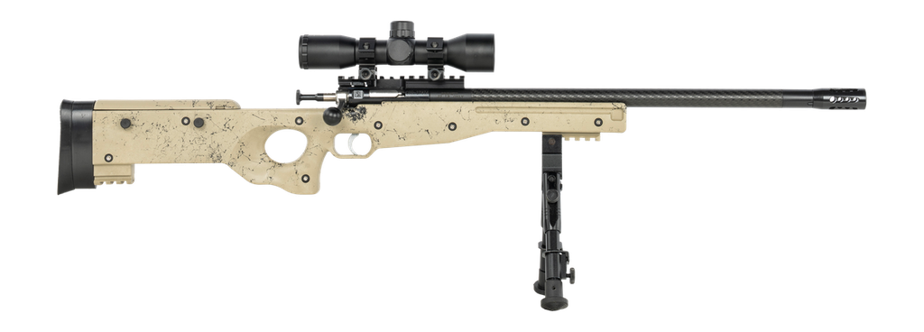 [PROD26-00032] CRICKETT KSA2143 MY FIRST RIFLE CPR 22 LR 1RD 16.13" CARBON FIBER THREADED BARREL, PICATINNY RAIL RECEIVER, ADJ BIPOD FOREND, TAN W/BLACK WEBBING THUMBHOLE