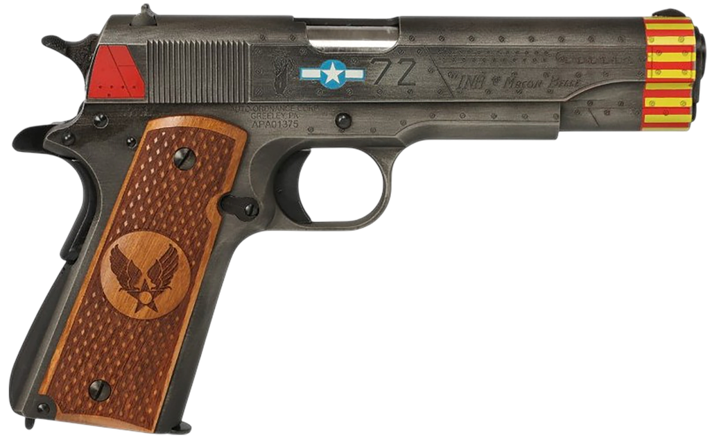 [PROD26-00073] AUTO-ORDNANCE 1911BKOC18 1911 RED TAILS FULL SIZE FRAME 45 ACP 7+1 5" STAINLESS STEEL BARREL, SAVAGE CERAKOTE SERRATED SLIDE, SAVAGE CERAKOTE STEEL FRAME W/BEAVERTAIL, CUSTOM ENGRAVED WOOD GRIP